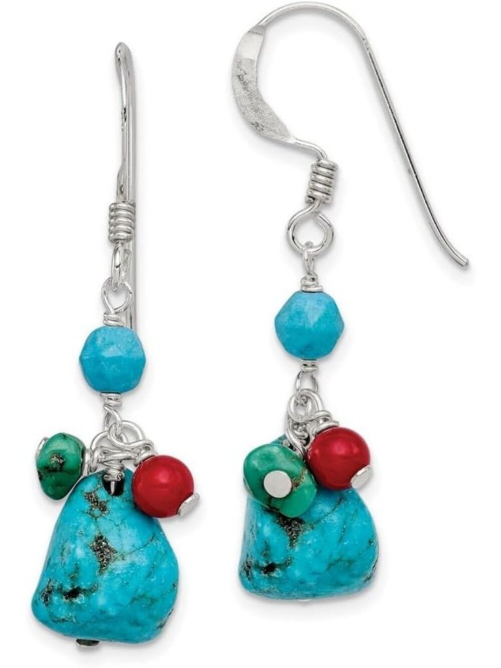 Sterling Silver Howlite, Turquoise & Red Coral Earrings - Boho Chic Jewelry